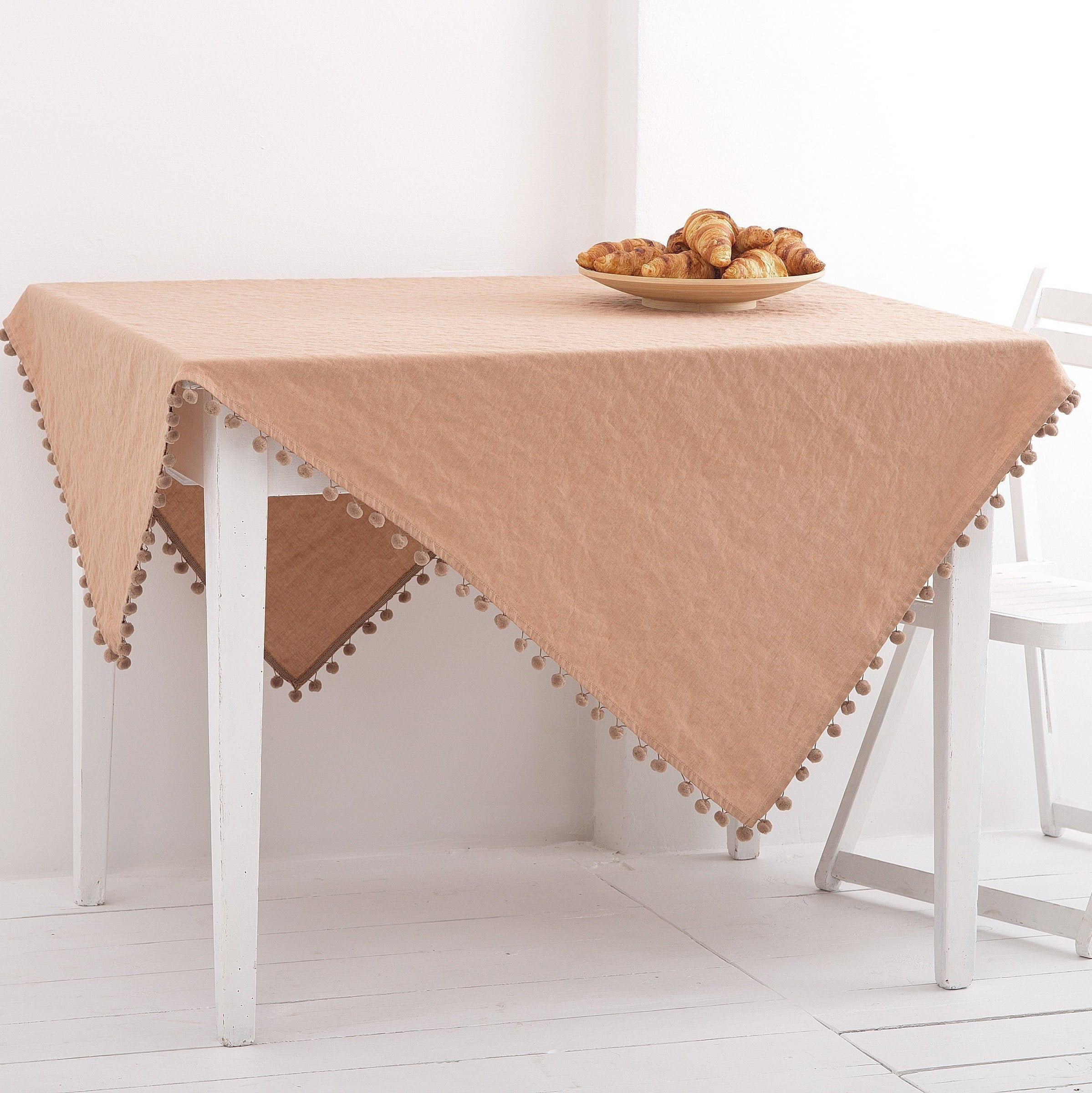 Table Linens Pom Pom Tablecloth Linen Tablecloth Kitchen Etsy