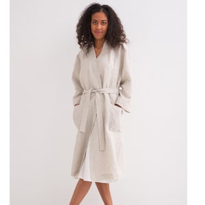 Linen Robe, Linen Bath Robe, Soft Linen Lounge Wear, Linen Kimono Robe