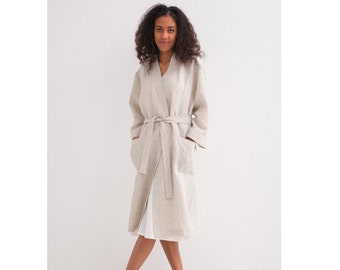 Linen Robe, Linen Bath Robe, Soft Linen Lounge Wear, Linen Kimono Robe