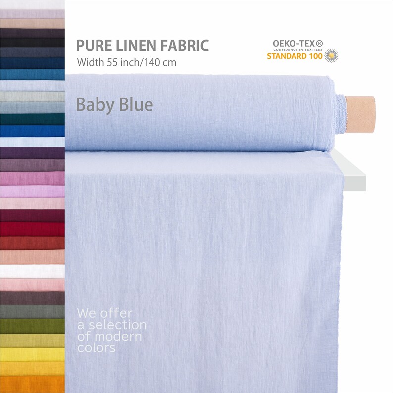 Premium European natural linen fabric by the yard in baby blue, displayed with a selection of natural colors, available for sale at a linen fabric store.