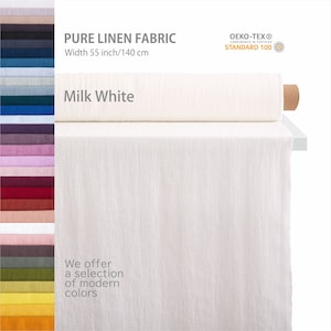 Milk White Organic flax fabric roll, Pure linen fabric by the yard displayed, part of a Premium European selection in natural colors, from a Linen fabric store known for High-quality linen fabric.