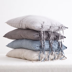 LINEN PILLOW COVER - Square Pillow Cover - Softened Pillow Case - Ties Pillow Case - Stylish Pillow  Cover - Organic Pillow Case