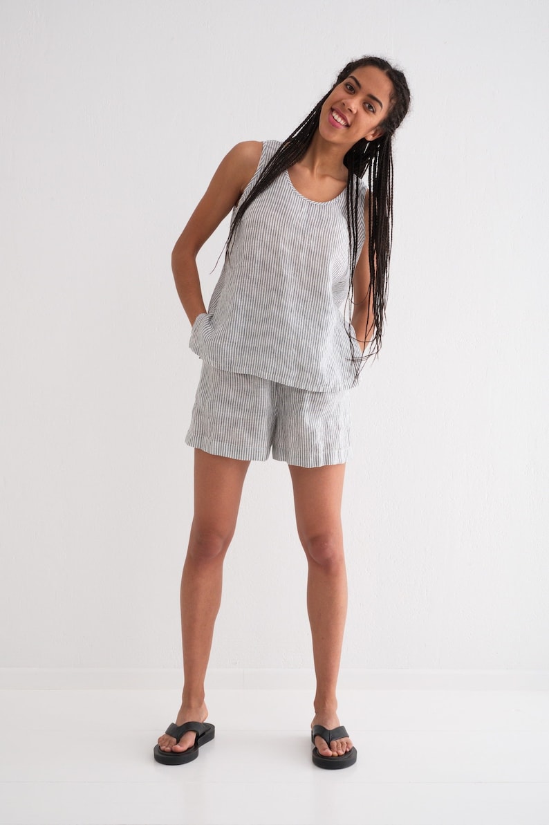 Linen Pajama, Linen Pajama set Tank Top and Shorts, Linen Nightwear image 1