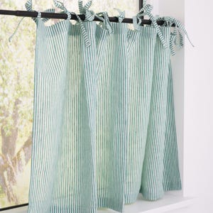 Cafe curtains,  Light Filtering cafe drapery, short window country style curtains with tie tops, natural striped kitchen curtains. 22/11