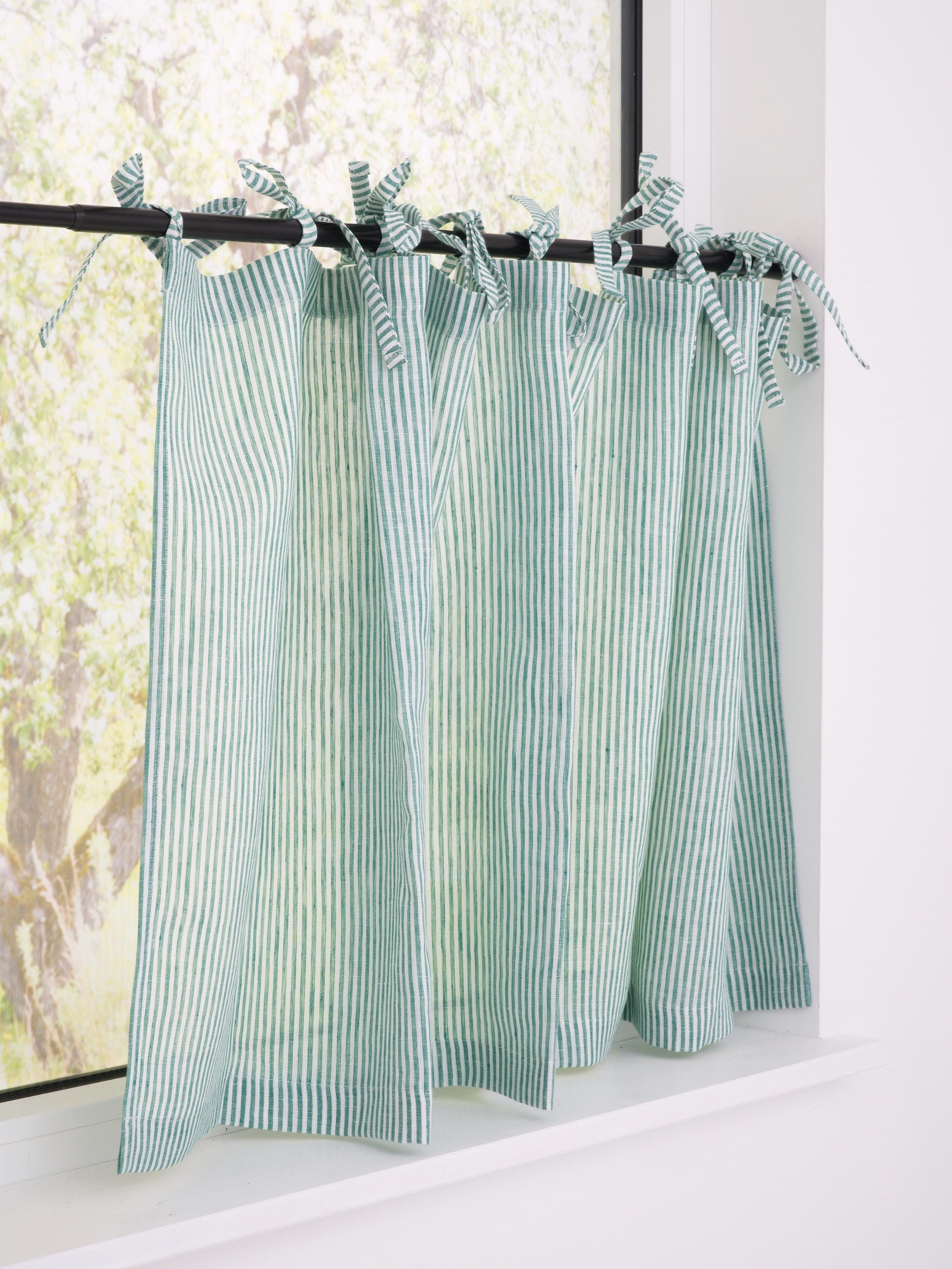 Cafe curtains,  Light Filtering cafe drapery, short window country style curtains with tie tops, natural striped kitchen curtains. 22/11