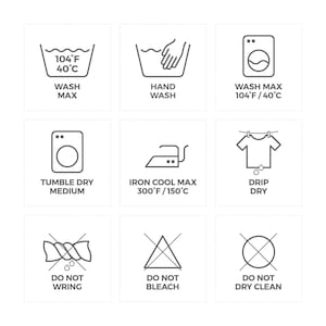 May include: A set of nine black and white laundry care symbols. The symbols include instructions for washing, drying, ironing, and dry cleaning. The symbols are displayed in a grid format.
