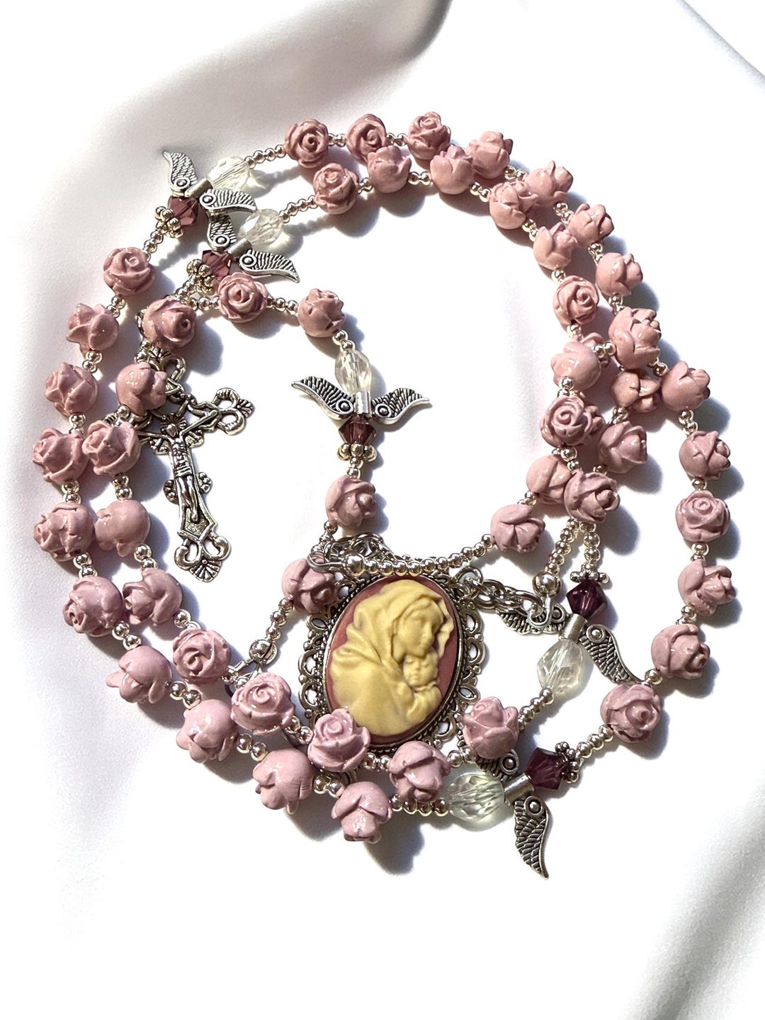 Antique Mauve Rose Cameo Rosary - Madonna and Child Centerpiece - Etsy