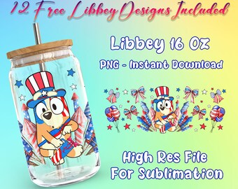 4. Juli Blauer Hund 16 Unze Libbey Glasdose Verpackung PNG, Cartoon Libbey Glasdose Sublimation PNG, USA Unabhängigkeitstag Becher PNG