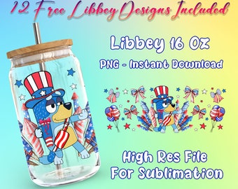 4. Juli Blauer Hund 16 Oz Libbey Glasdose PNG, Cartoon Libbey Glasdose Sublimation PNG, Usa Independence Day Tumbler PNG