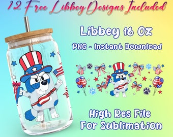 4. Juli Blauer Hund 16 Oz Libbey Glasdose PNG, Cartoon Libbey Glasdose Sublimation PNG, Usa Independence Day Tumbler PNG