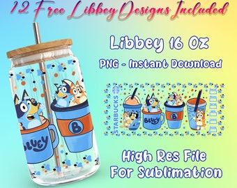 Blue Dog 16 Oz Libbey Glass Can Wrap PNG, Cartoon Libbey Glass Can Sublimation PNG, Moederdag Tumbler PNG, Cartoon Movie Tumbler Png