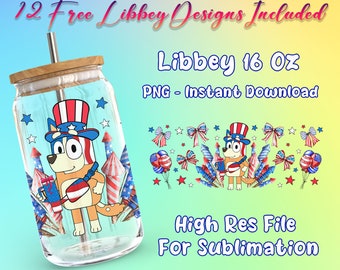 4. Juli Blauer Hund 16 Unze Libbey Glasdose Verpackung PNG, Cartoon Libbey Glasdose Sublimation PNG, USA Unabhängigkeitstag Becher PNG