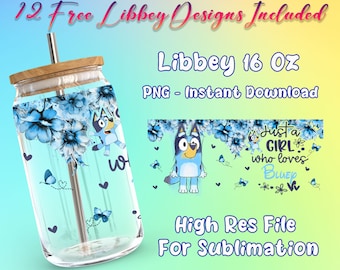 Blue Dog 16 Oz Libbey Glass Can Wrap PNG, Cartoon Libbey Glass Can Sublimation PNG, Moederdag Tumbler PNG, Cartoon Movie Tumbler Png