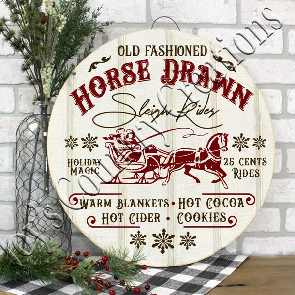 Old Fashioned Horse Drawn Sleigh Circle, Horse and buggy, Sleigh, Stencil, Christmas sign, Christmas svg, Digital download, SVG, PNG, JPEG