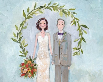 Puede incluir: Una pintura de acuarela de una pareja de bodas de pie bajo una corona de hojas. La novia lleva un vestido blanco y el novio lleva un traje gris. La pareja se toma de la mano y sonríe. La pintura está firmada con el texto "The Morins est. 2018".