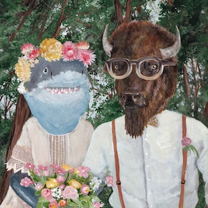 Lustige Tierkunst, Tiere in Kleidung, Hochzeitsgeschenk, individuelles Hochzeitsgeschenk, handgemalte Illustration, Paar Portrait, Braut und Bräutigam, Jubiläumsgeschenk