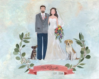 Puede incluir: Un retrato de boda de una pareja con sus dos perros. La novia lleva un vestido de novia blanco y el novio lleva un traje gris. Los perros están sentados frente a la pareja. La pareja está de pie frente a un fondo azul claro con follaje verde y una pancarta rosa que dice "The Bagnells EST. 2018".