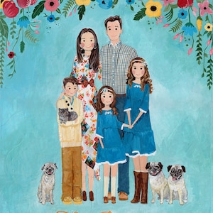 Familienporträt-Illustration, Familienporträt-Malerei, personalisierter Familienname, kundenspezifisches Familien-Einweihungsgeschenk, Muttertagsgeschenk