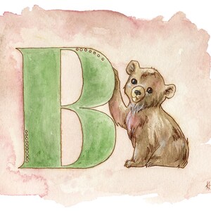 B for Bear, Nursery art, Nursery decor, baby animals, animal alphabet, alphabet art, Bear, baby room, boys room, girls room