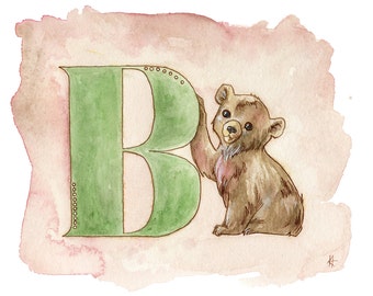 B para el oso, arte infantil, decoración cuarto de niños, animales bebé, animal alfabeto, alfabeto arte, oso, habitación bebé, habitación niños, habitación de niñas