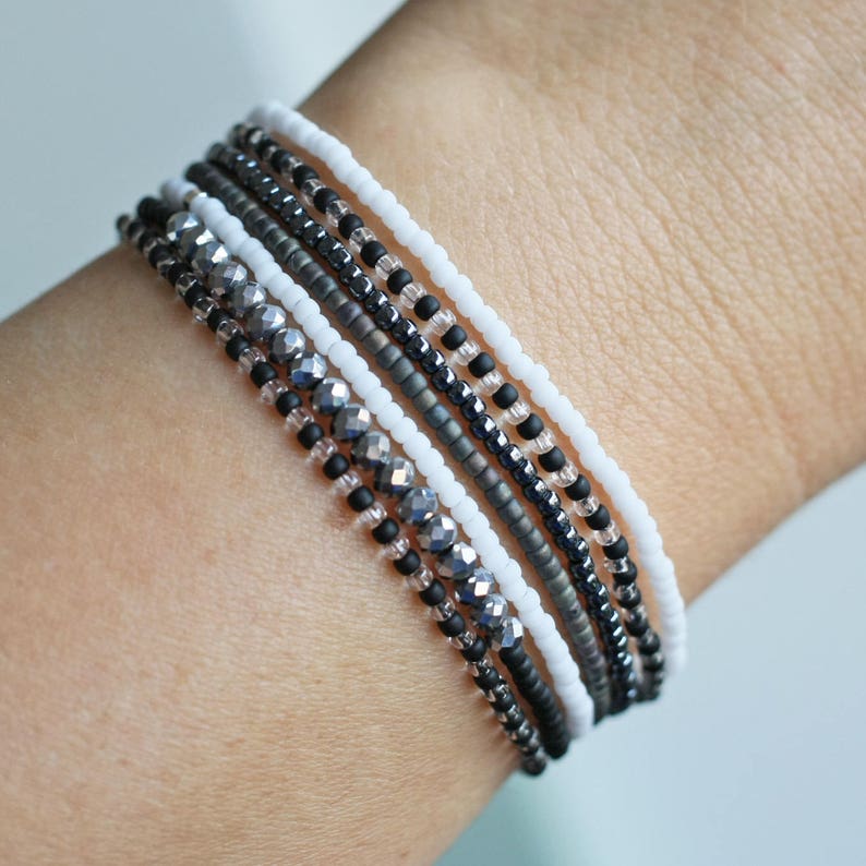 7 Bead Bracelet Set Small Bead Bracelets Black White Etsy