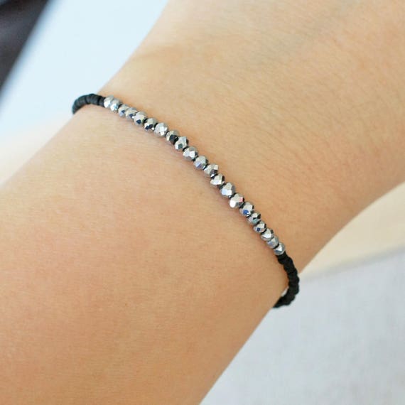 Braccialetto Di Perline Bracciale Di Perline Argento E Nero Etsy