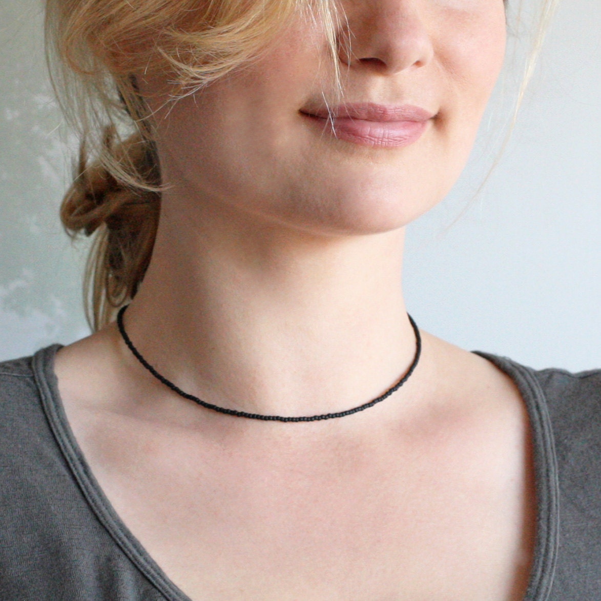 Black bead choker, thin bead choker 