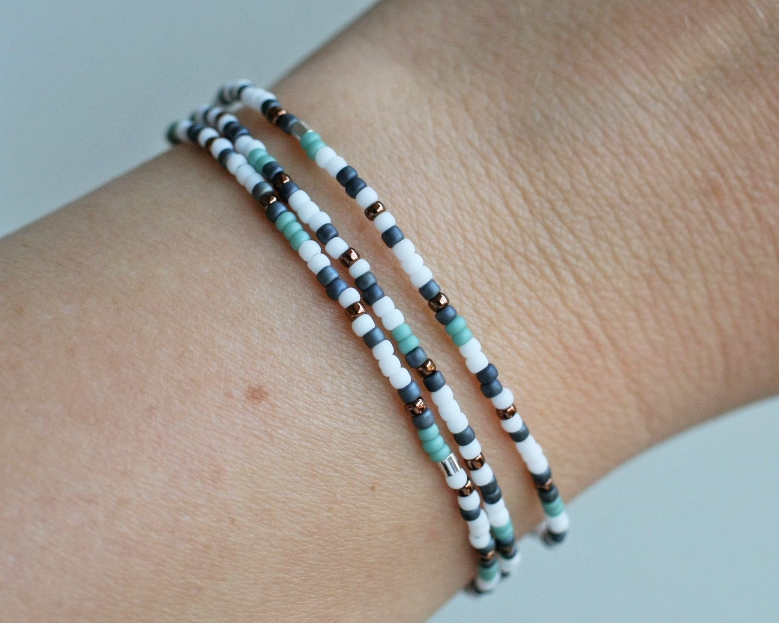 3 Small Bead, Thin, Stretch Bracelets, Seed Bead Bracelets, Mixed Colors, White, Blue, Dark Gray, Dainty, Delicate