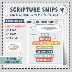 Può includere: Un download digitale intitolato Scripture Snips, un puzzle di versetti biblici per bambini basato su Proverbi 3:5. Il foglio include istruzioni per leggere, ritagliare e costruire il versetto usando blocchi colorati contenenti il testo Trust the Lord with all your heart. Don't depend on your own understanding. Proverbs 3:5.