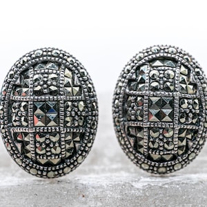 Vintage Judith Jack Sterling Silver Marcasite Oval Grid Earrings – Bold Statement, Signed