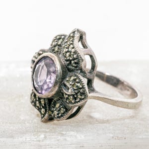 Vintage Judith Jack Markasiten & Amethyst Blume Sterling Silber Größe 6,5