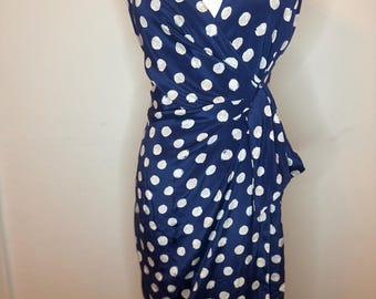 St. John Seide Polka Dots Faux Wickelkleid, Navy Taupe Pinup, Gr. 6