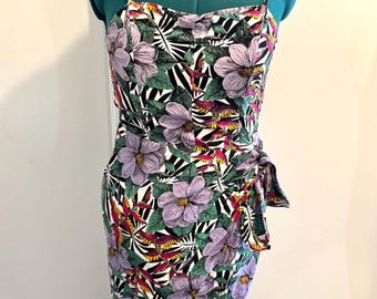 VTG des années 90 fait des années 40 lanières chérie paréo violet Hibiscus robe Wiggle hawaïenne SM