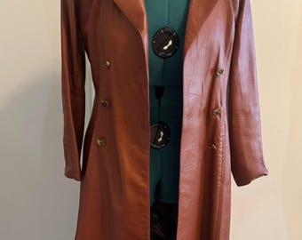 Trench-coat croisé croisé en cuir marron cognac VTG des années 70