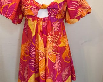 FARM Rio Sommer Garten Kleid XS Tropische Puffärmel Cutout Mini
