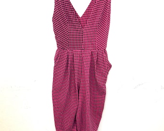 Tuta intera vintage anni '80 Barry Maikov Sport a quadri fucsia e neri con staffe e pieghe