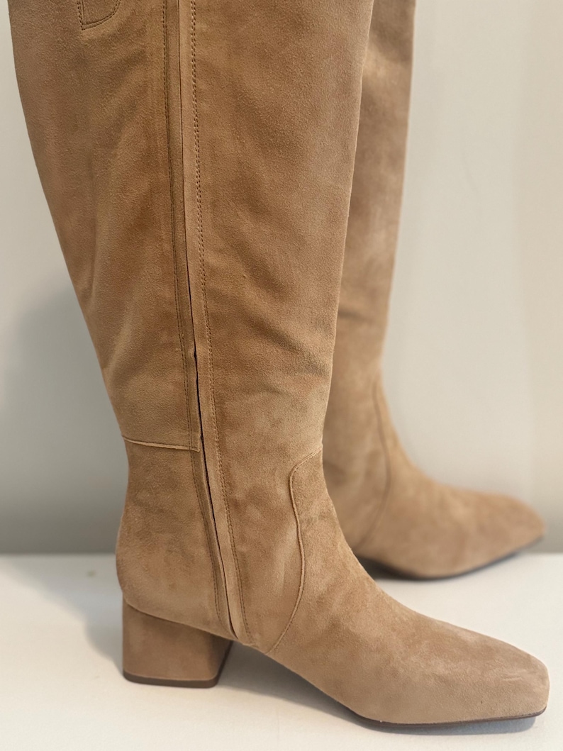 K&ouml;nnte beinhalten: Ein Paar kniehohe Stiefel aus hellbraunem Wildleder. Die Stiefel haben eine quadratische Spitze, einen Blockabsatz und einen Rei&szlig;verschluss an der Seite. Die Stiefel sind etwa 40 cm hoch.