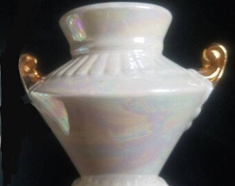 White Pearlized Lustreware Urn with Gold Handles