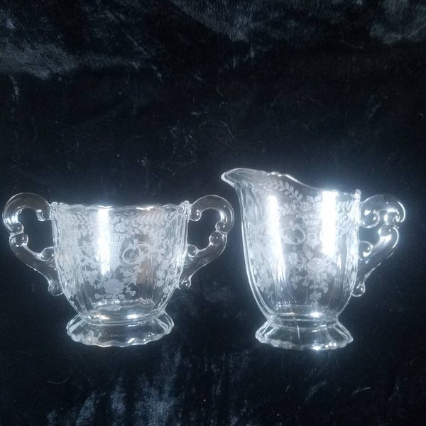 1940s Footed Cambridge Glass Portia Etched Creamer and Sugar Bowl Set