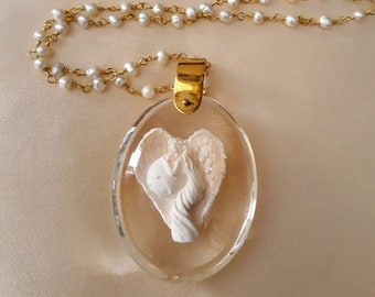 Earth Angel Charm, angel necklace, magic charm, angel pendant, angel jewellery, resin, chain with pearls