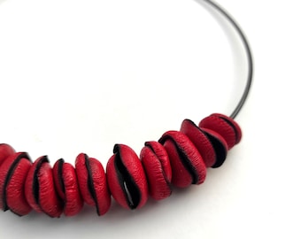 Red Women Leather Bib Necklace , Unique Gift For Her