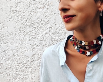 Leather Bib necklace , Handmade Necklace, Minimal Necklace