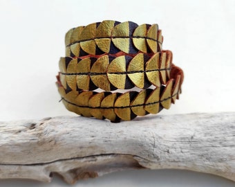 Gold Handmade Leather Cuff Bracelet | Statement Jewelry | Personalized Womens Gift
