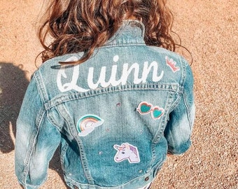 Denim KIDS CUSTOM  Jean Jackets Baby Toddler with Embroidered Personalized patches Unicorn rainbow crown patch heart patch