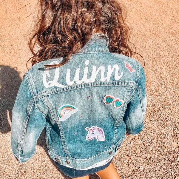 Denim KIDS CUSTOM  Jean Jackets Baby Toddler with Embroidered Personalized patches Unicorn rainbow crown patch heart patch