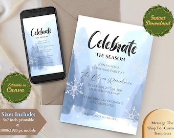Snowy Christmas Invitation Template Winter Wonderland Party Invite Family Holiday Celebration Invite Snowflake Design