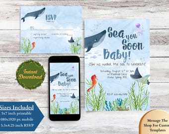 Szablon zaproszenia na baby shower "Sea You Soon" | Zestaw zaproszeń na baby shower z motywem podmorskim do druku, edytowalny zestaw ze zwierzętami morskimi