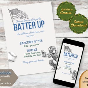 May include: Baseball watch party invitation with the text "BATTER UP" and an American flag illustration. Details include date, time, and location. A smartphone shows the same design. Includes sizes for print and mobile.