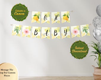 Modèle de bannière de baby shower citron - éditable toile de douche de bébé agrumes agrumes bannière de fête imprimable petit citron guirlande de shower de bébé citron