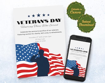 Veterans Day Invitation Template | Patriotic Event Invitation | USA Military Program Flyer | Printable & Digital